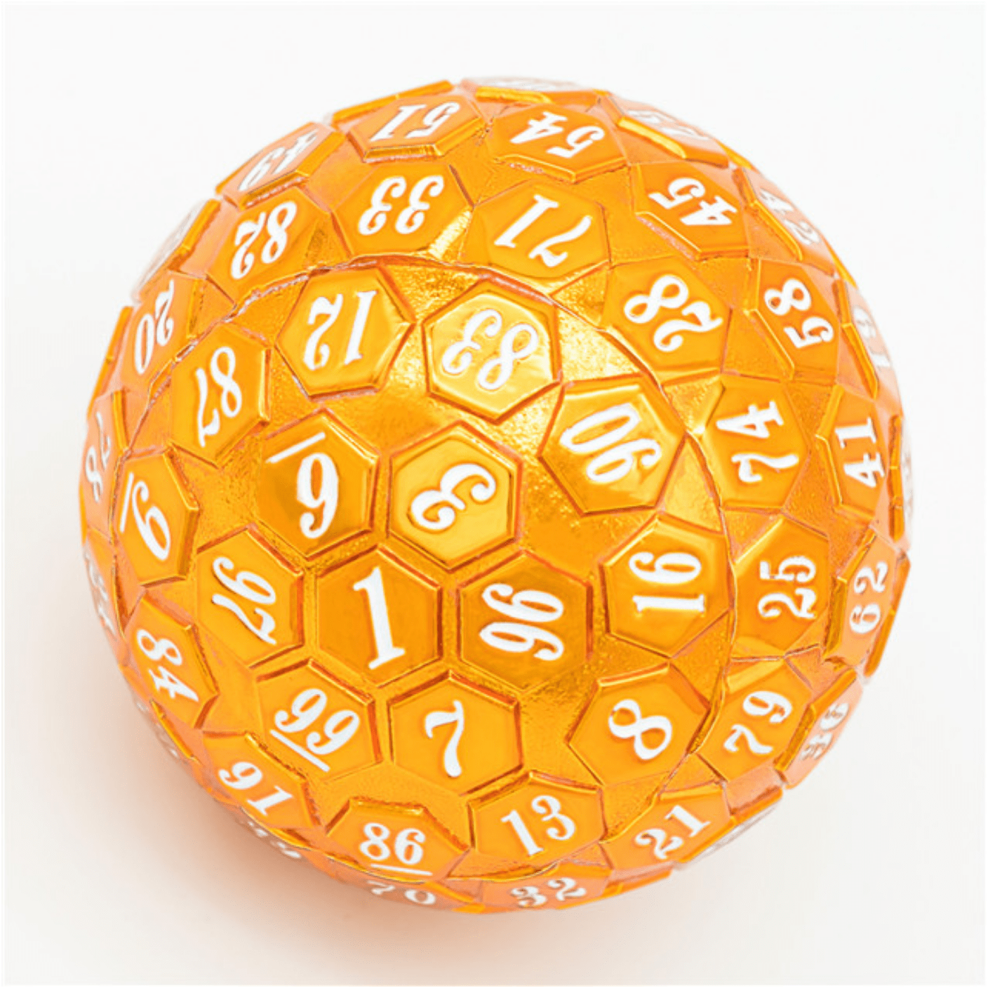 45mm Metal D100 - Orange with White Font Metal Dice Foam Brain Games | D20 Games