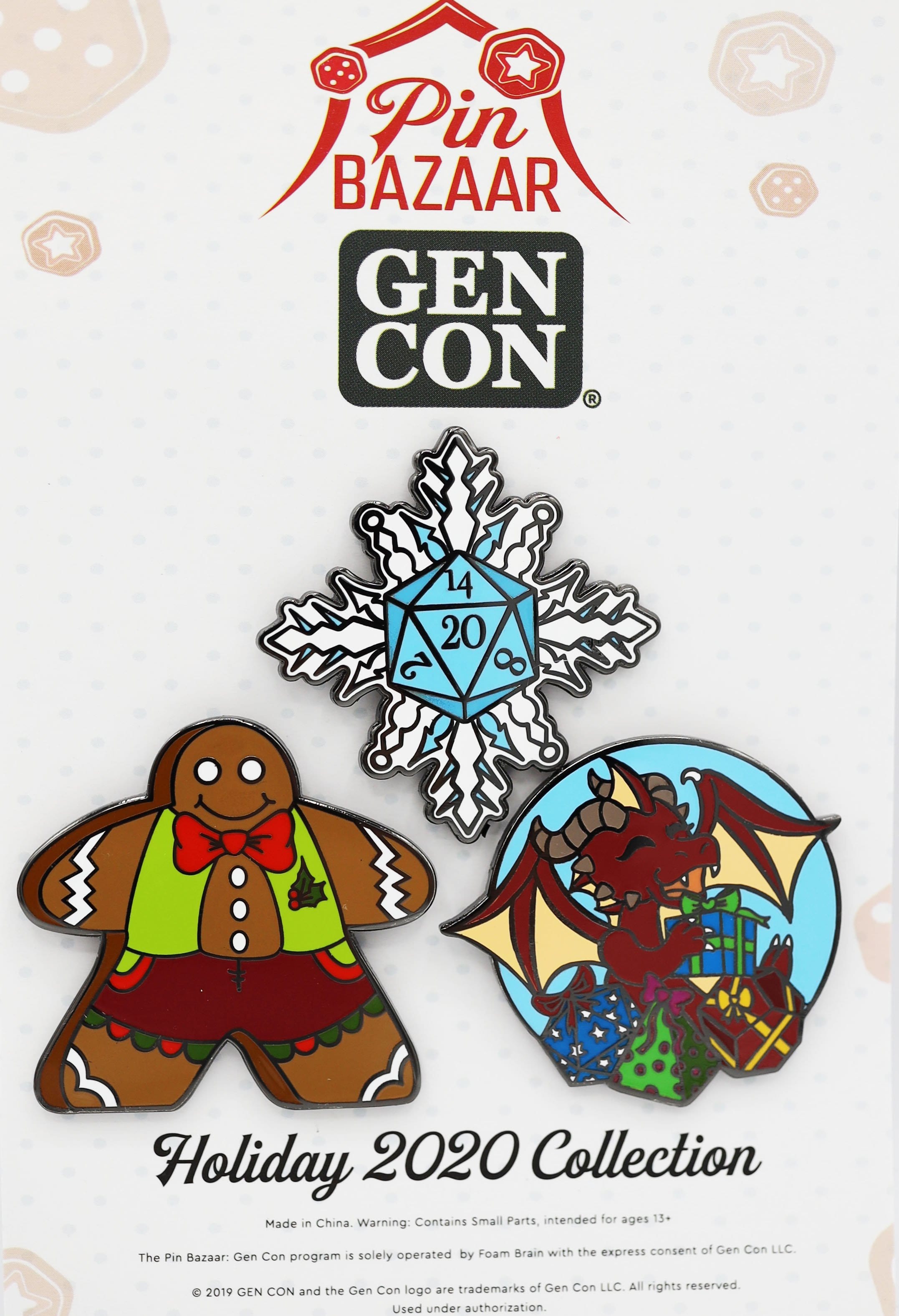 Pin Bazaar: Gen Con 2020 Holiday Pin Set  Foam Brain Games | D20 Games