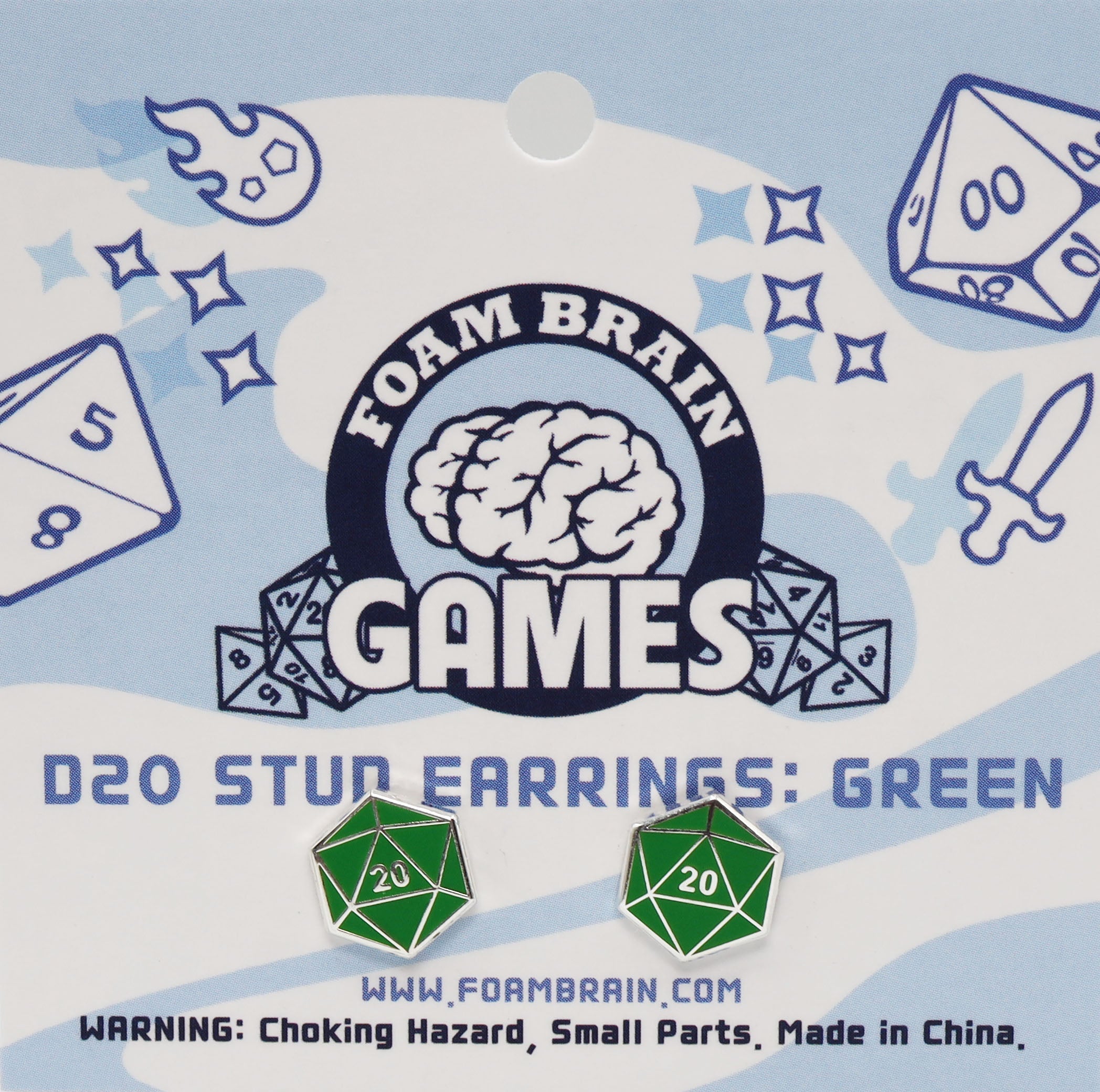 D20 Stud Earrings: Green  Foam Brain Games | D20 Games