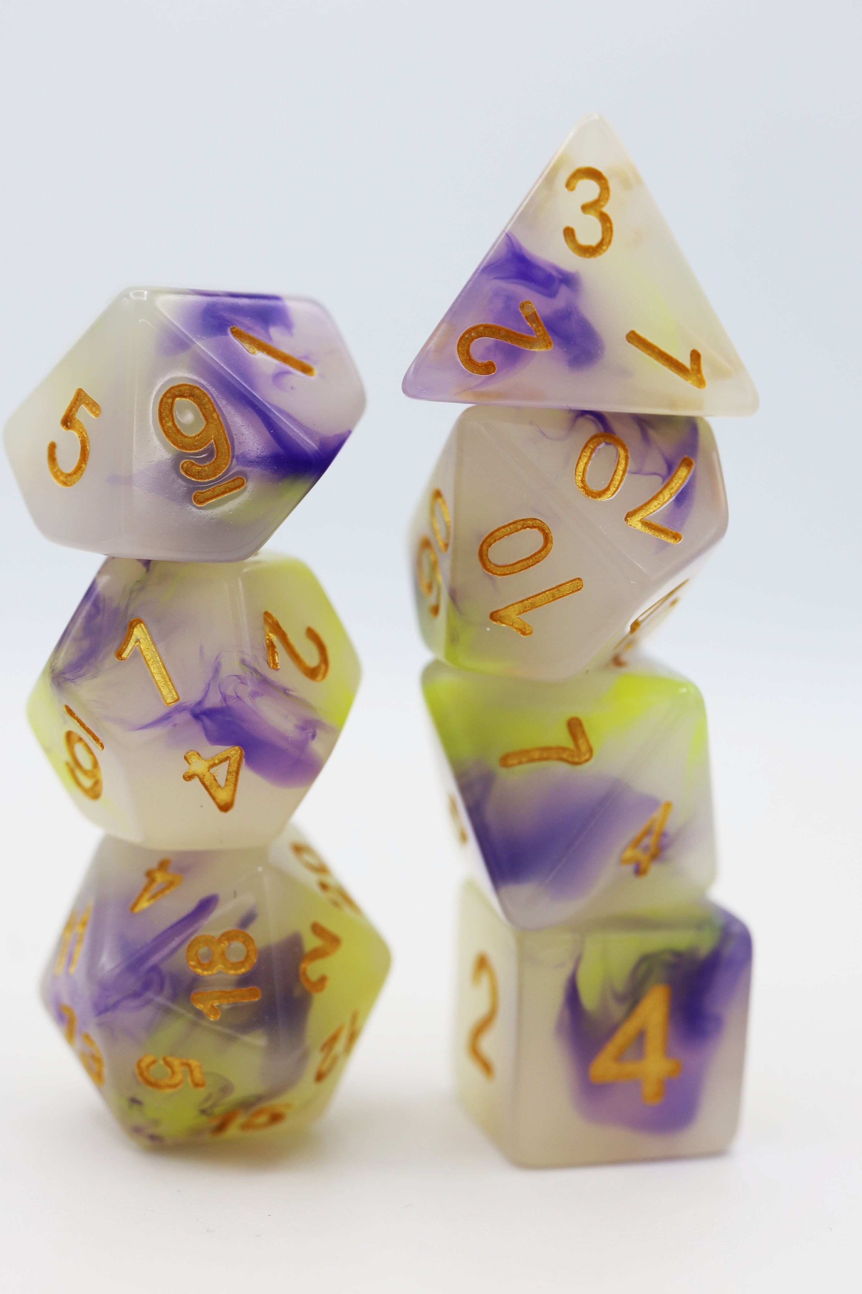 Yellow & Purple Jade RPG Dice Set Plastic Dice Foam Brain Games | D20 Games