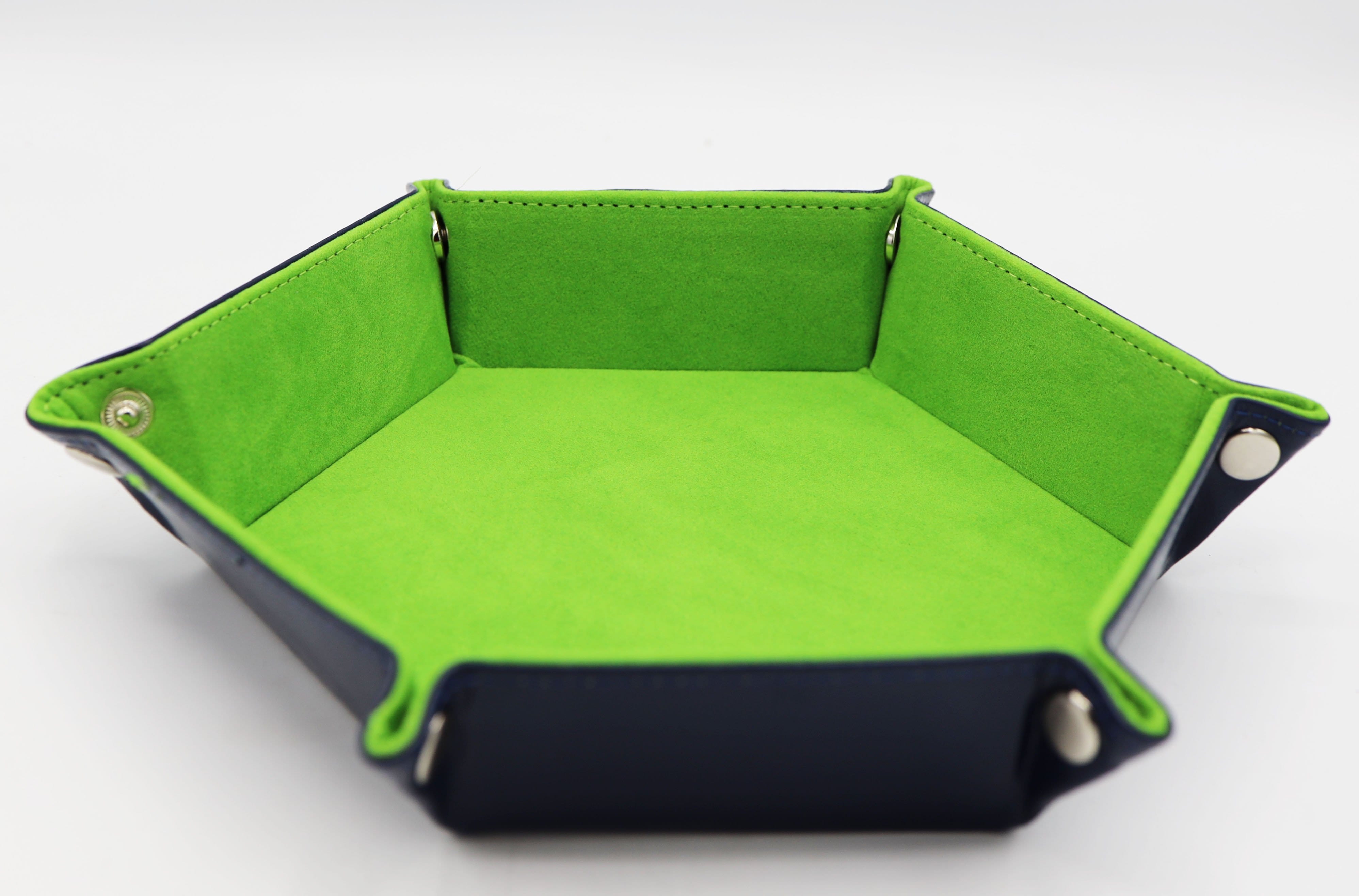 Leatherette & Velvet Hex Dice Tray (Navy with Lime) Dice Tray Foam Brain Games | D20 Games