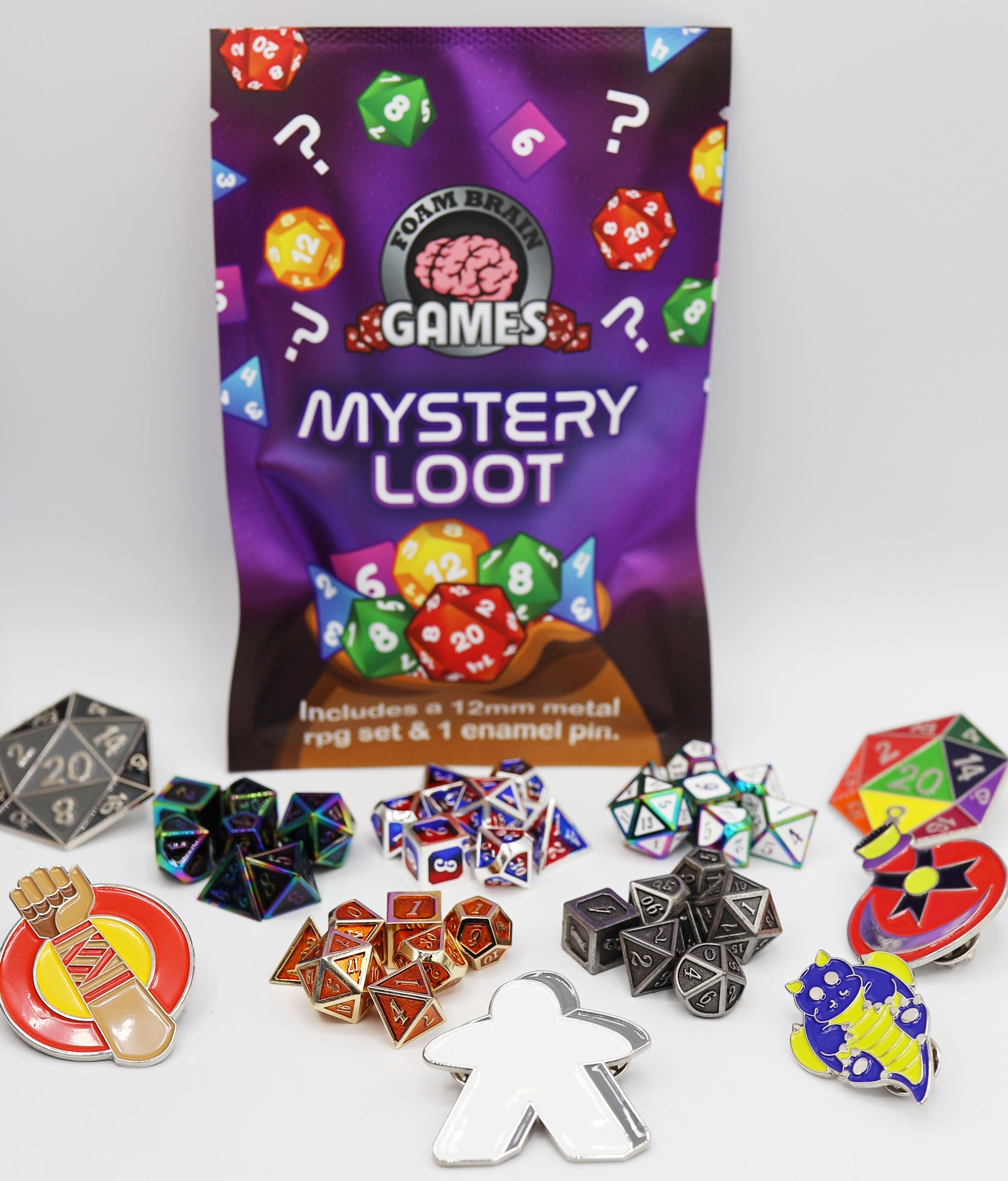 Epic Mystery Loot: Mini Metal RPG Set + Enamel Pin Metal Dice Foam Brain Games | D20 Games