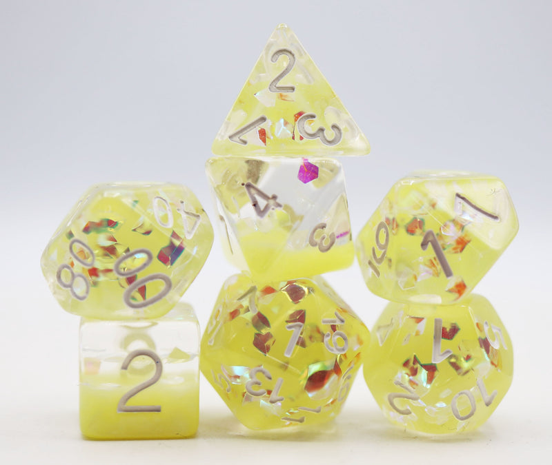 Milk Yellow with Shimmer Diamond Filled RPG Dice Plastic Dice Foam Brain Games