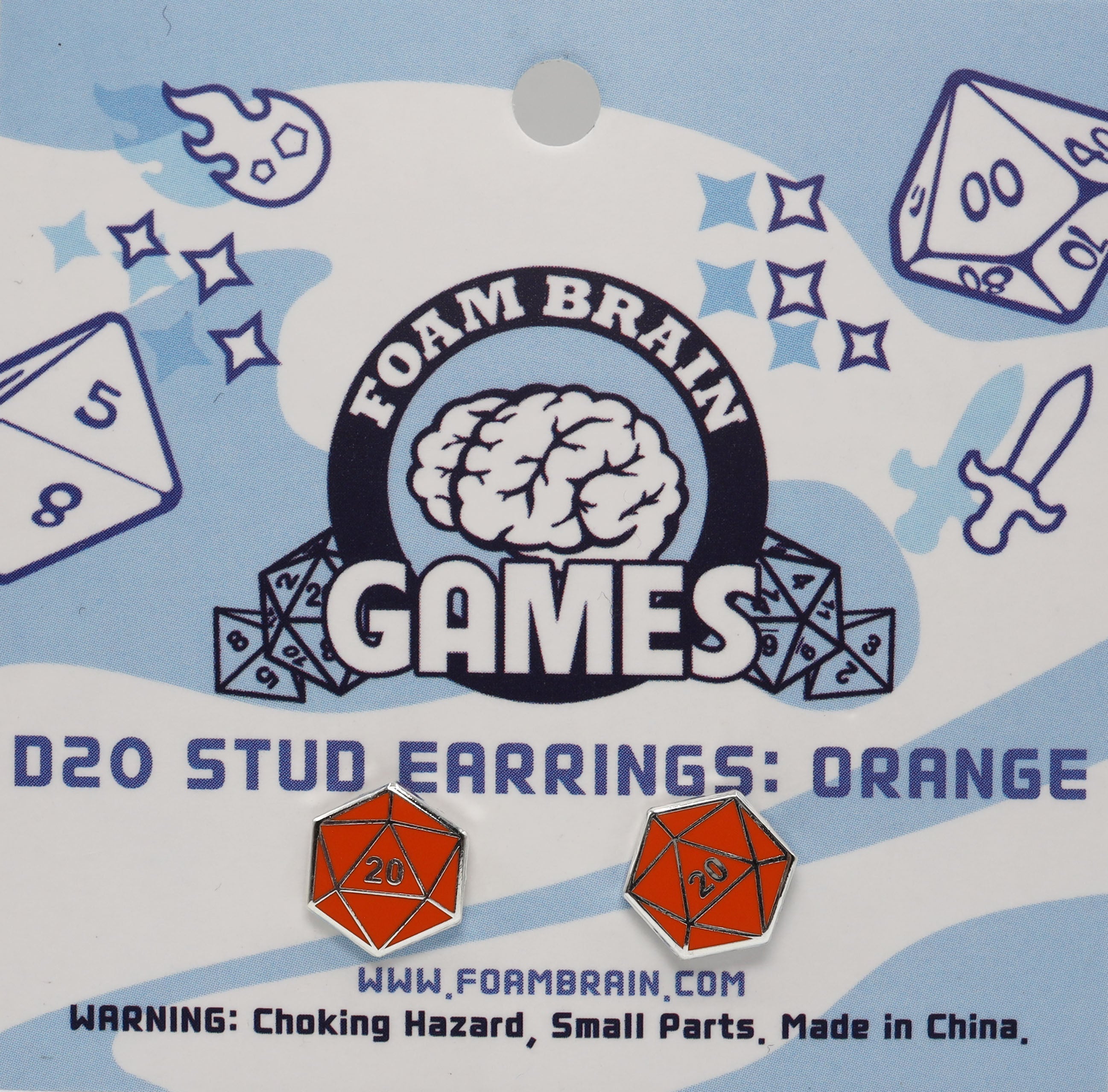 D20 Stud Earrings: Orange  Foam Brain Games | D20 Games