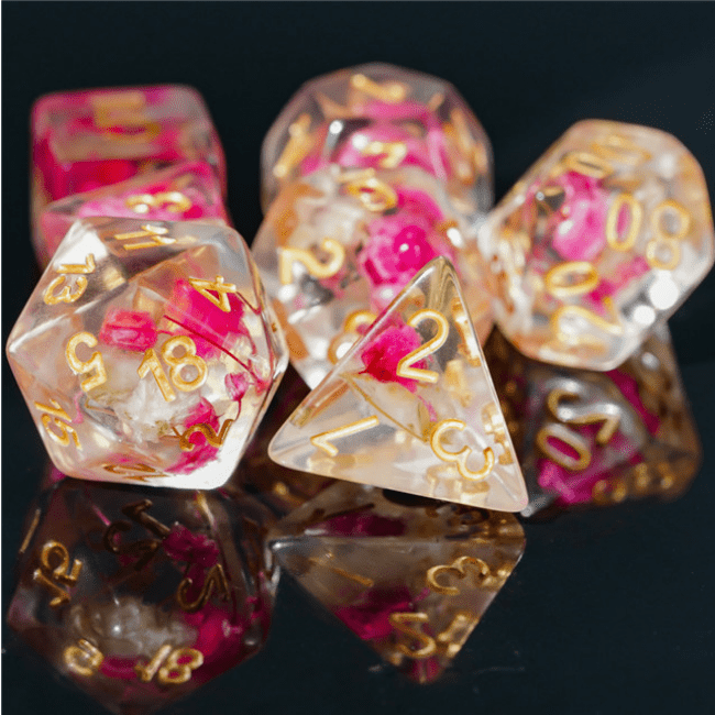 Pink & White Flower RPG Dice Set Plastic Dice Foam Brain Games