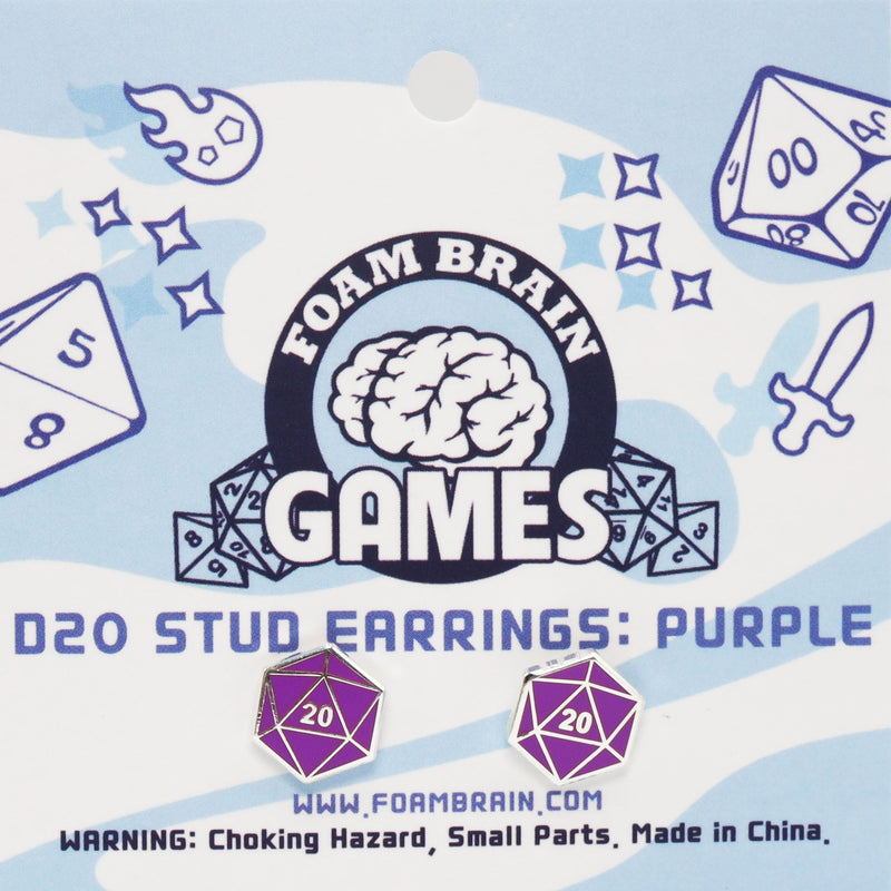 D20 Stud Earrings: Purple  Foam Brain Games