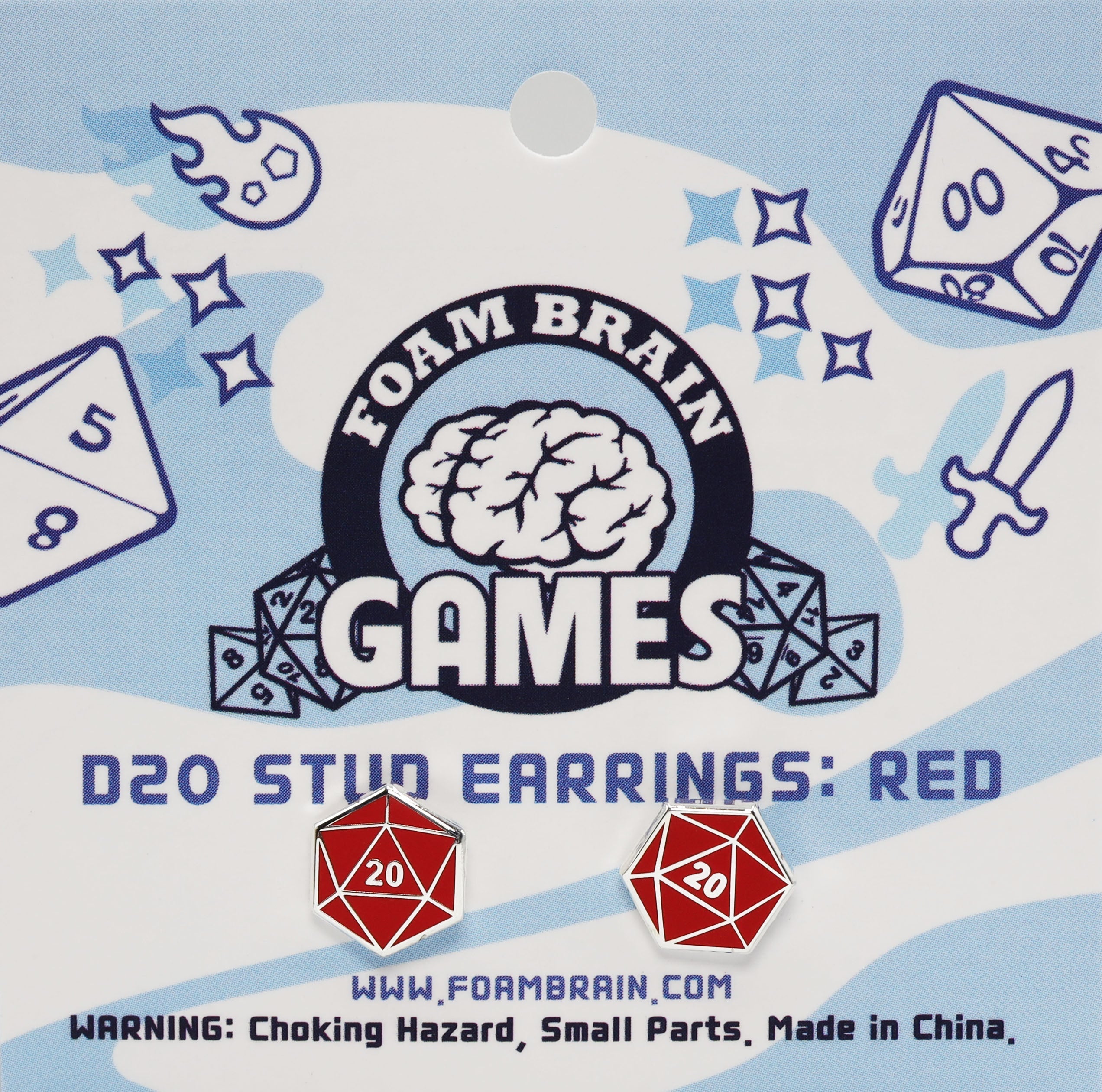 D20 Stud Earrings: Red  Foam Brain Games | D20 Games