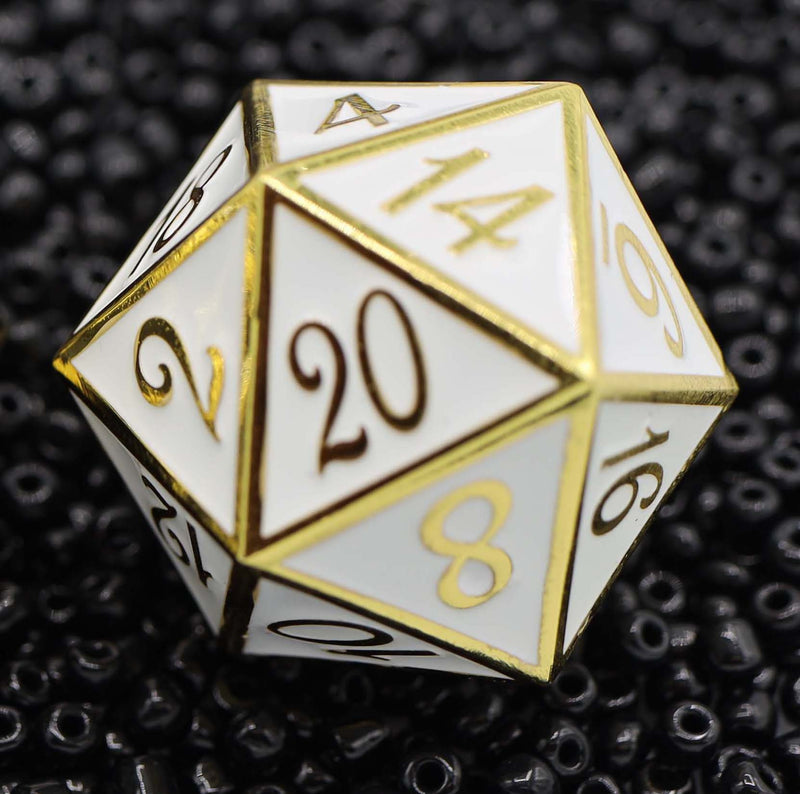D20 Gold with White - 35mm Extra Large Metal Metal Dice Foam Brain Games