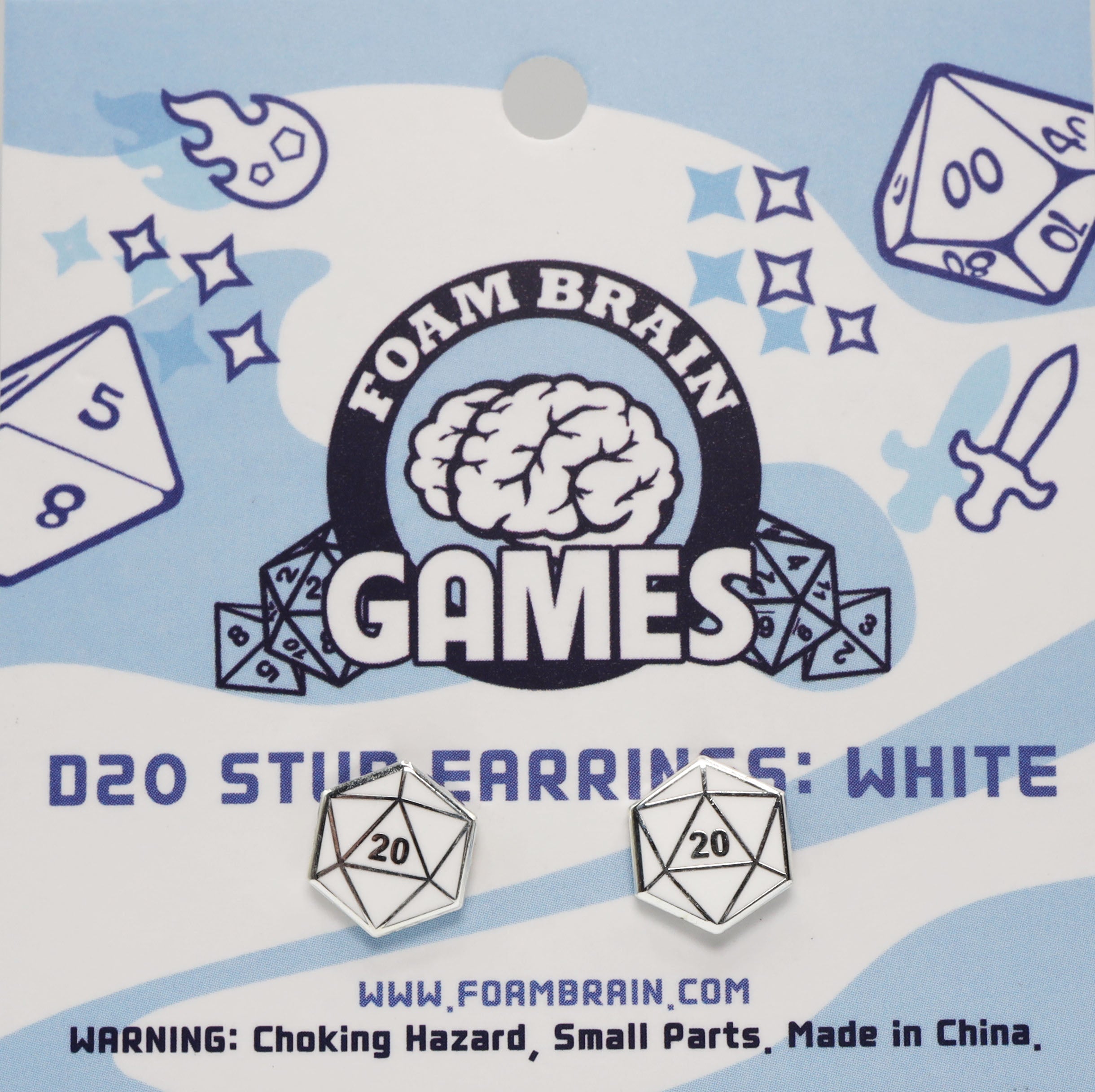 D20 Stud Earrings: White  Foam Brain Games | D20 Games