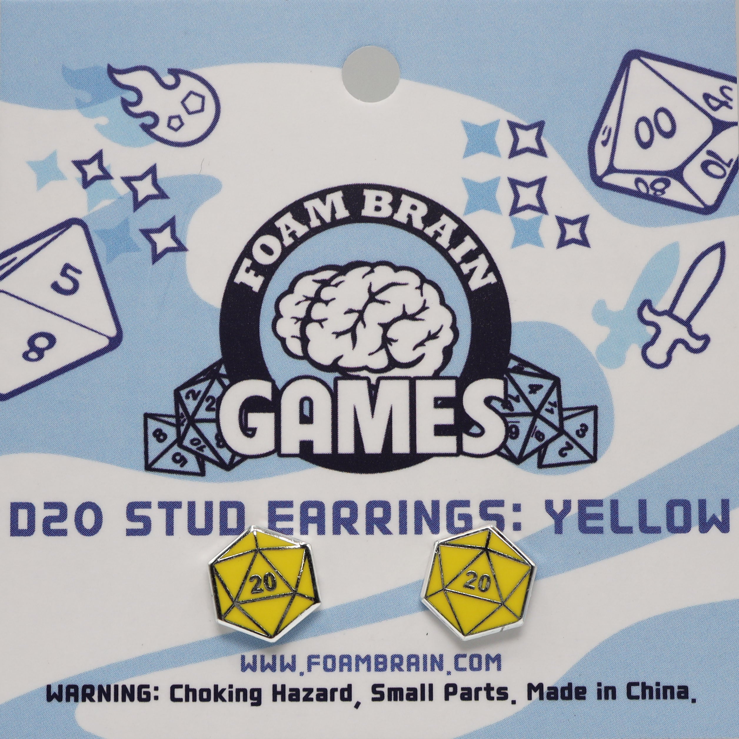 D20 Stud Earrings: Yellow  Foam Brain Games | D20 Games